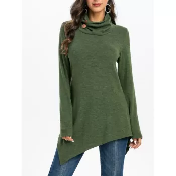 ock Neck Cowl Neck Longline Sweater - Army Green
