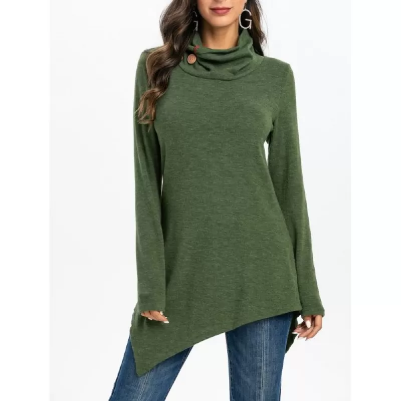ock Neck Cowl Neck Longline Sweater - Army Green