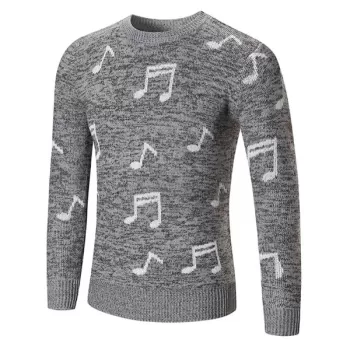 Musical Note Print Pullover Hoodie - Light Gray