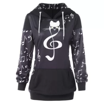 Musical Notes Print Hoodie with Front Pocket -