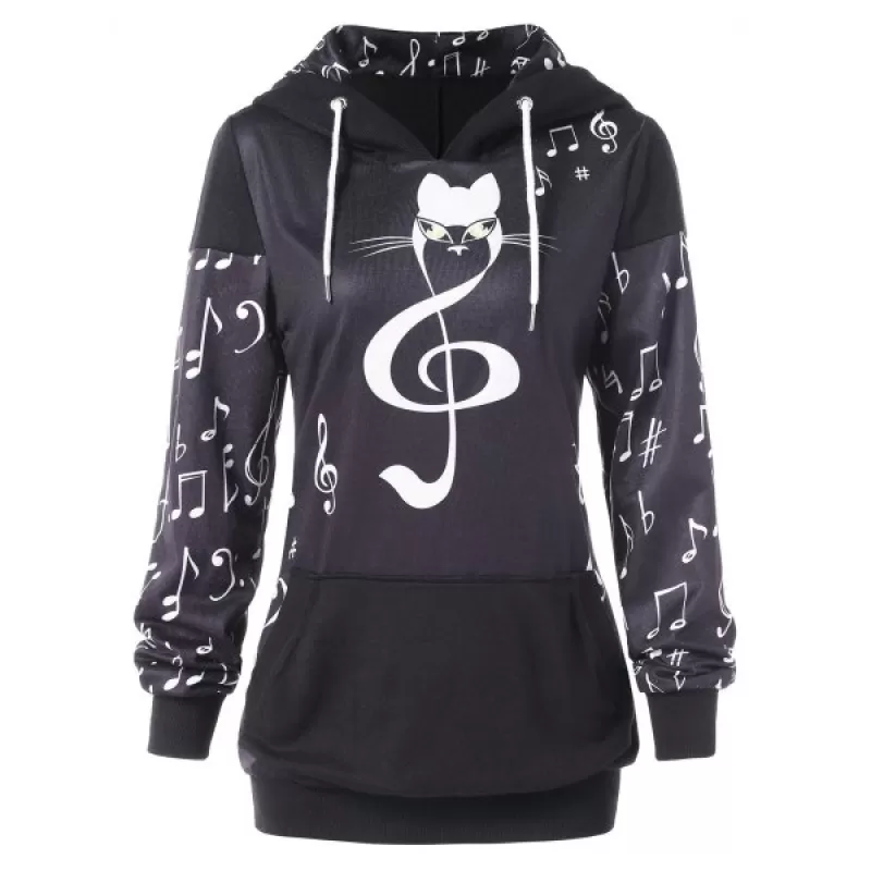 Musical Notes Print Hoodie with Front Pocket -