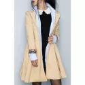 Noble Long Sleeve Turn-Down Collar Self Tie Belt Pure Color Women's Coat Dress - Khaki