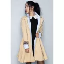 Noble Long Sleeve Turn-Down Collar Self Tie Belt Pure Color Women's Coat Dress - Khaki