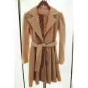 Noble Long Sleeve Turn-Down Collar Self Tie Belt Pure Color Women's Coat Dress - Khaki
