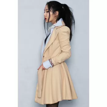 Noble Long Sleeve Turn-Down Collar Self Tie Belt Pure Color Women's Coat Dress - Khaki