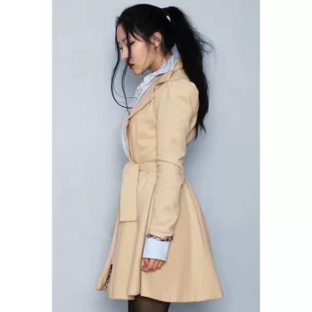 Noble Long Sleeve Turn-Down Collar Self Tie Belt Pure Color Women's Coat Dress - Khaki
