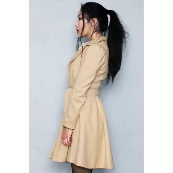 Noble Long Sleeve Turn-Down Collar Self Tie Belt Pure Color Women's Coat Dress - Khaki