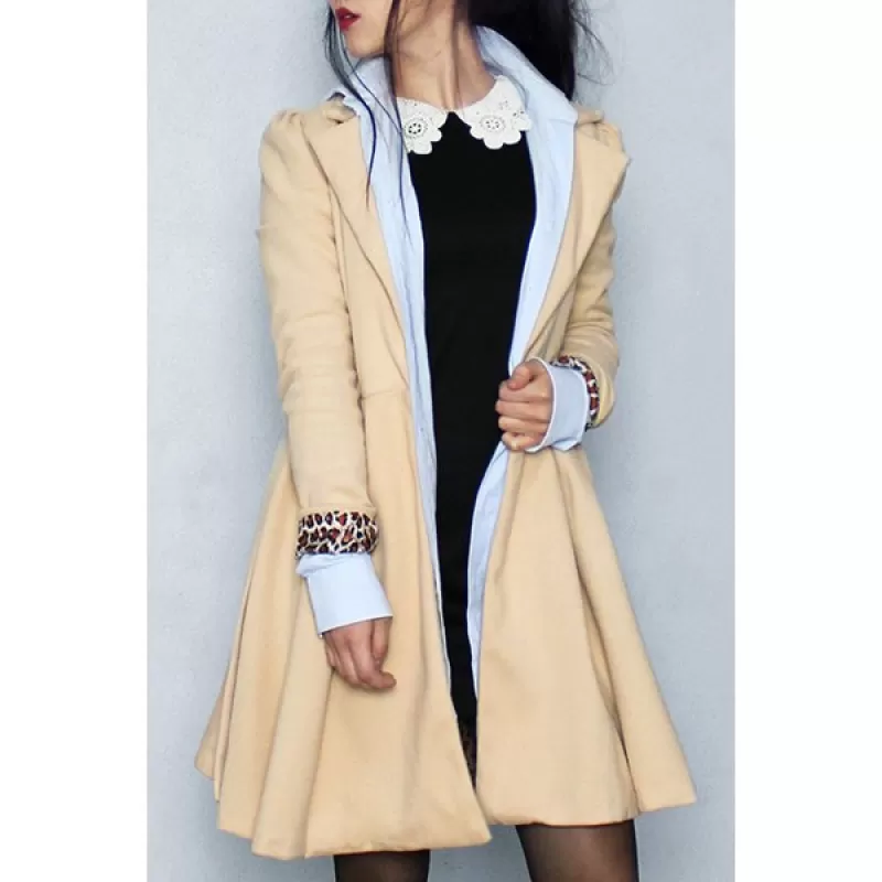 Noble Long Sleeve Turn-Down Collar Self Tie Belt Pure Color Women's Coat Dress - Khaki