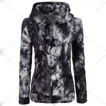 Oblique Zipper Tie Dye Hoodie - Black