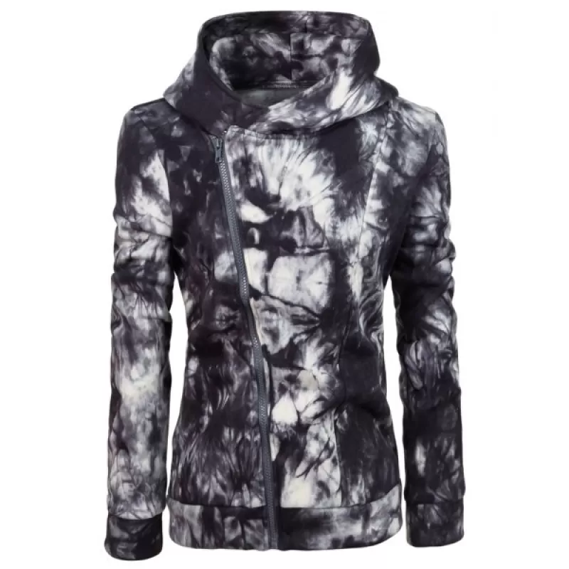 Oblique Zipper Tie Dye Hoodie - Black