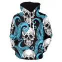 Octopus Skull Printed Pullover Hoodie - Deep Sky Blue