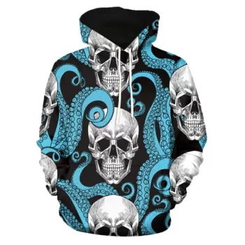 Octopus Skull Printed Pullover Hoodie - Deep Sky Blue
