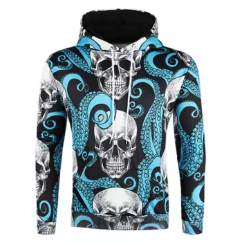 Octopus Skull Printed Pullover Hoodie - Deep Sky Blue