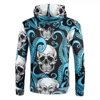 Octopus Skull Printed Pullover Hoodie - Deep Sky Blue
