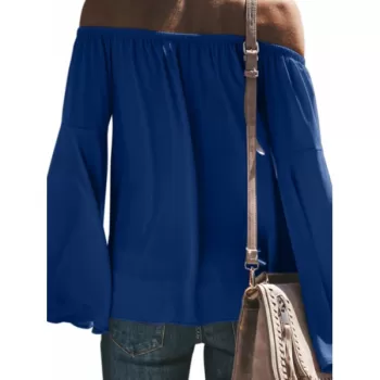 Off houlder Flare leeve Knot Hem Blouse - Blue