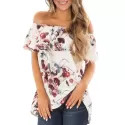 Off houlder Flower Print Flounce Tee - White