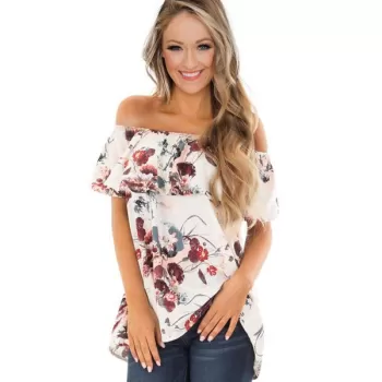 Off houlder Flower Print Flounce Tee - White