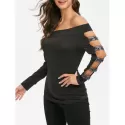 Off The Shoulder Cut Out Glitter T Shirt - Black