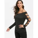 Off The Shoulder Cut Out Glitter T Shirt - Black
