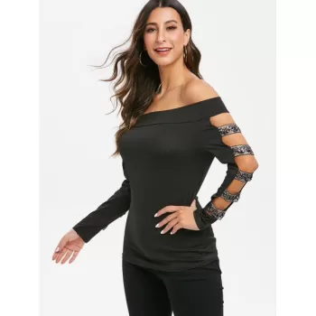 Off The Shoulder Cut Out Glitter T Shirt - Black