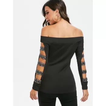 Off The Shoulder Cut Out Glitter T Shirt - Black