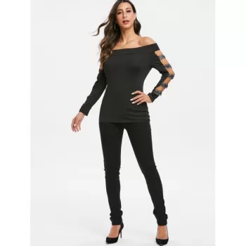 Off The Shoulder Cut Out Glitter T Shirt - Black