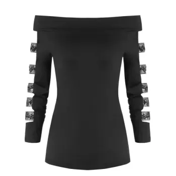 Off The Shoulder Cut Out Glitter T Shirt - Black