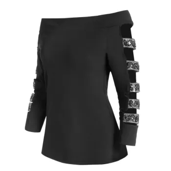 Off The Shoulder Cut Out Glitter T Shirt - Black