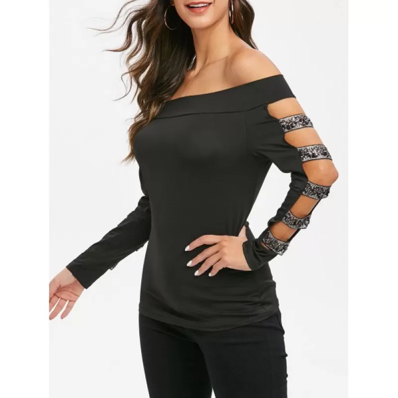 Off The Shoulder Cut Out Glitter T Shirt - Black