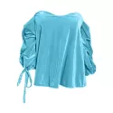 Off The Shoulder Drawstring Velvet Top - Light Sky Blue