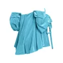 Off The Shoulder Drawstring Velvet Top - Light Sky Blue