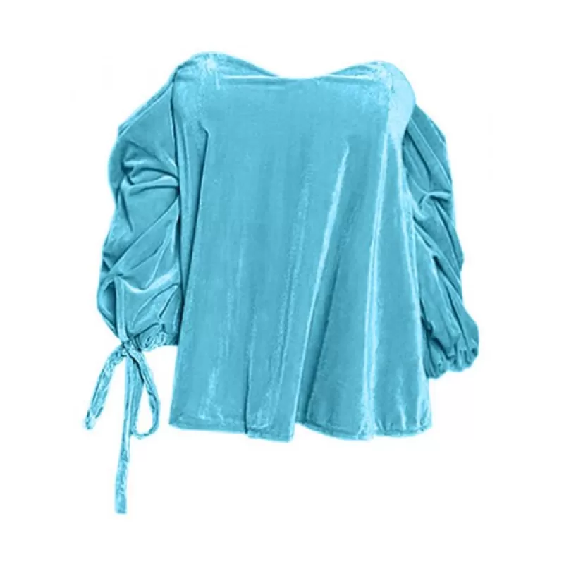 Off The Shoulder Drawstring Velvet Top - Light Sky Blue
