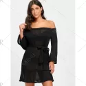 Off The Shoulder Knitted Dress with Belt - Black
