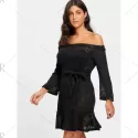 Off The Shoulder Knitted Dress with Belt - Black