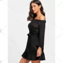 Off The Shoulder Knitted Dress with Belt - Black