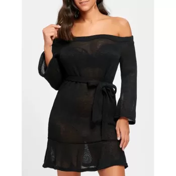 Off The Shoulder Knitted Dress with Belt - Black