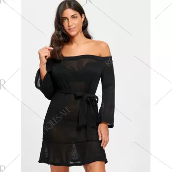 Off The Shoulder Knitted Dress with Belt - Black