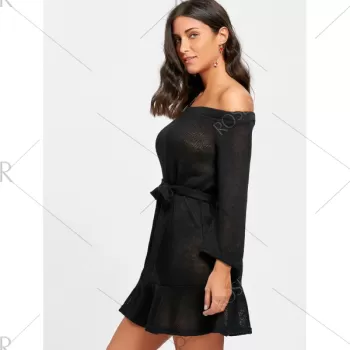 Off The Shoulder Knitted Dress with Belt - Black
