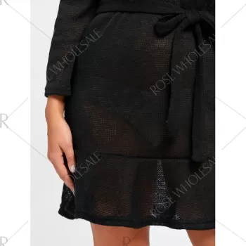 Off The Shoulder Knitted Dress with Belt - Black