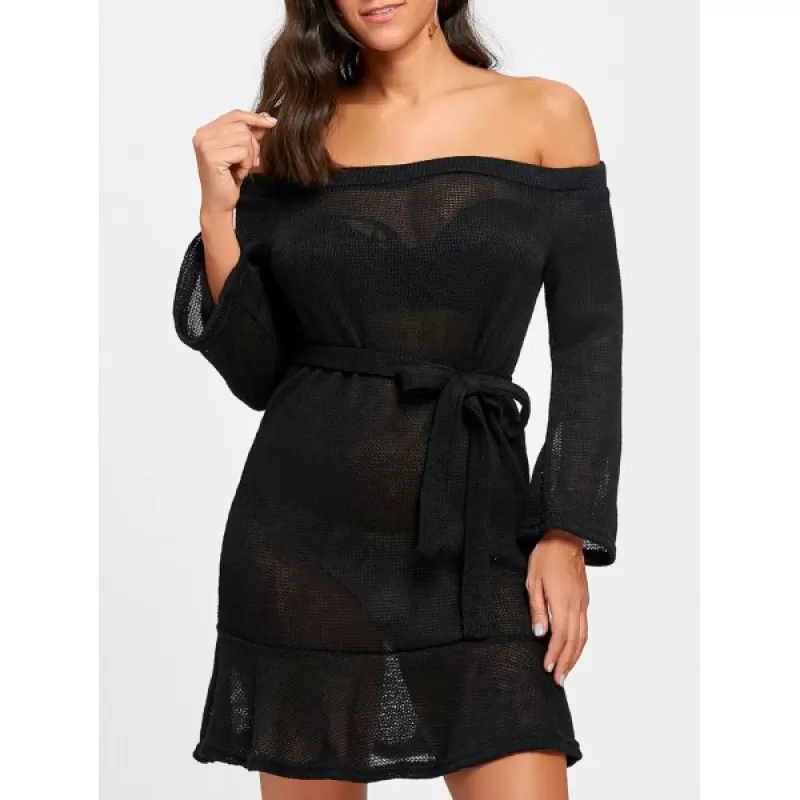 Off The Shoulder Knitted Dress with Belt - Black