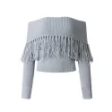 Off-the-shoulder long sleeve fringe short sweater - Gray