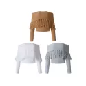Off-the-shoulder long sleeve fringe short sweater - Gray
