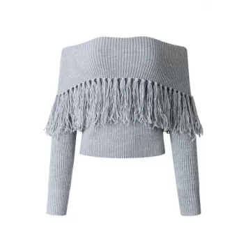 Off-the-shoulder long sleeve fringe short sweater - Gray