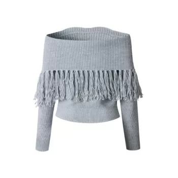 Off-the-shoulder long sleeve fringe short sweater - Gray