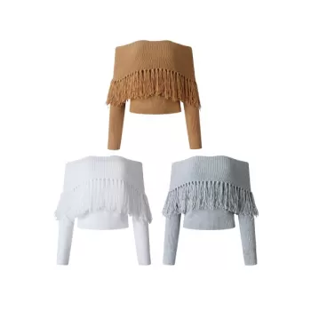 Off-the-shoulder long sleeve fringe short sweater - Gray