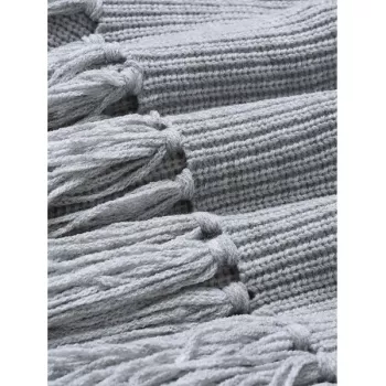 Off-the-shoulder long sleeve fringe short sweater - Gray