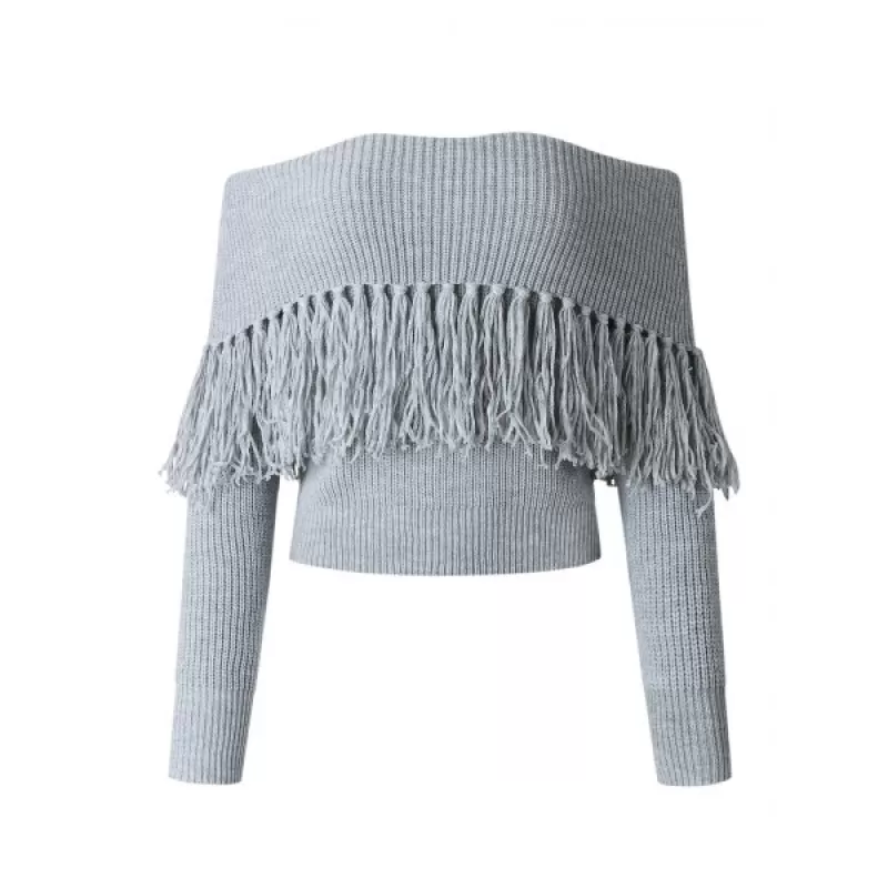 Off-the-shoulder long sleeve fringe short sweater - Gray