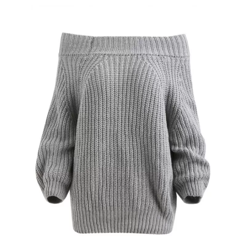 Off The Shoulder Pullover Chunky Sweater - Gray One