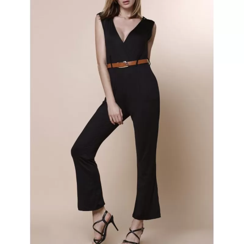 OL Style Women's V-Neck Sleeveless Solid Color Jumpsuit - Black