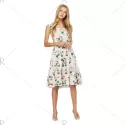Old Classical  Sleeveless Square Neck Floral Print Dress for Women - Light Beige